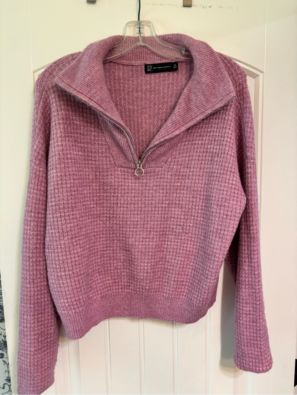 New York & Company Dusty Pink Zip-Front Waffle Knit  Sweater